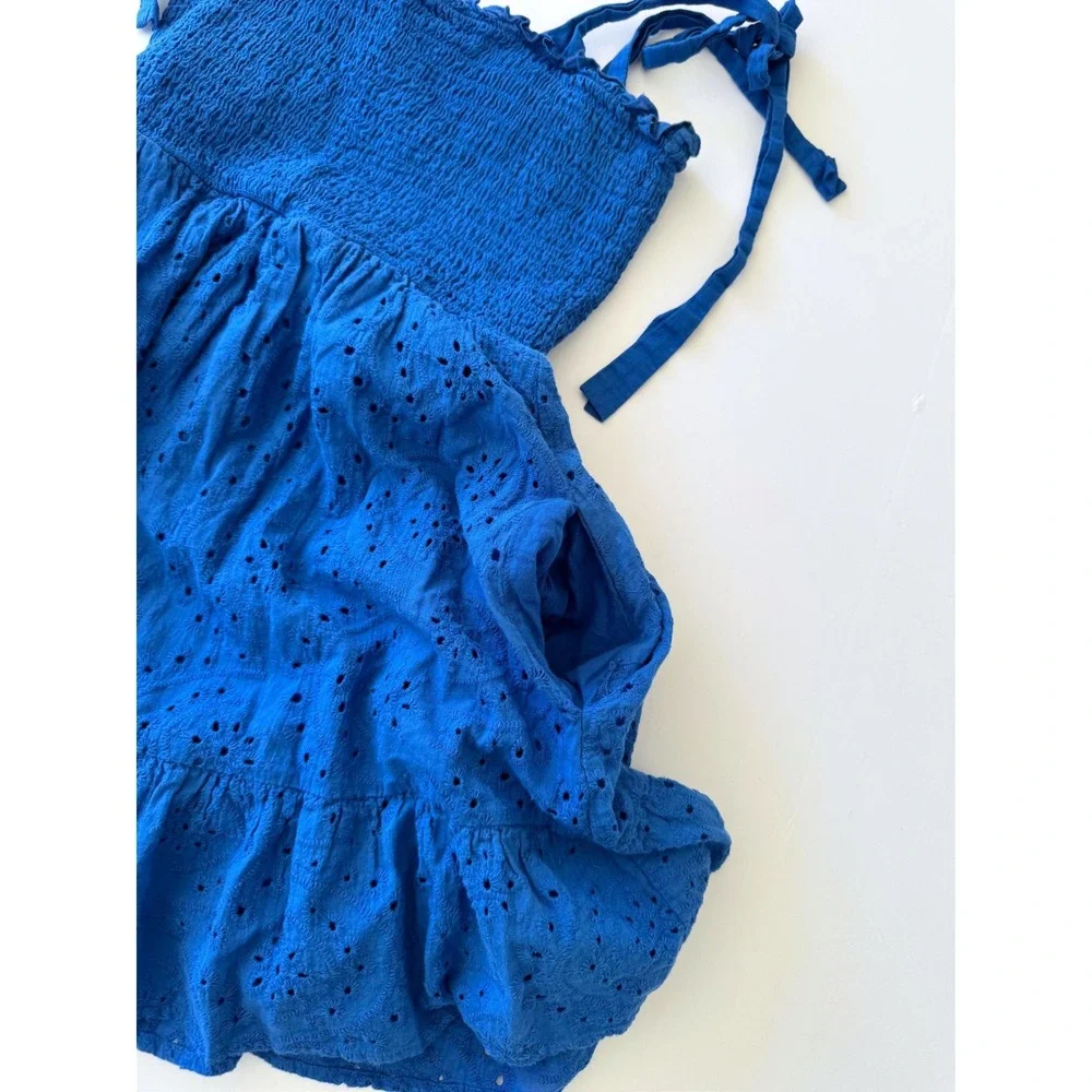 100% Cotton Eyelet Lace Boho Mini Dress Smocked Tie Strap Size S Coastal Chic